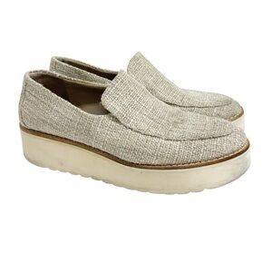Vince Zeta Platform slip-on loafer, natural/oatmeal tweed/raffia finish Size 6